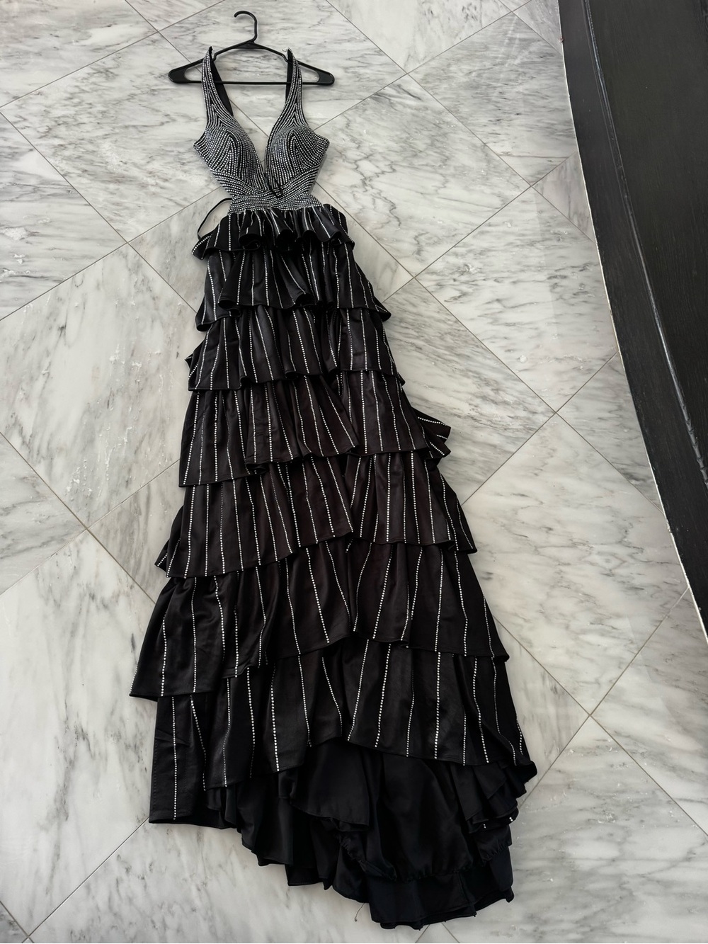 Black Tiered Halter Evening Gown